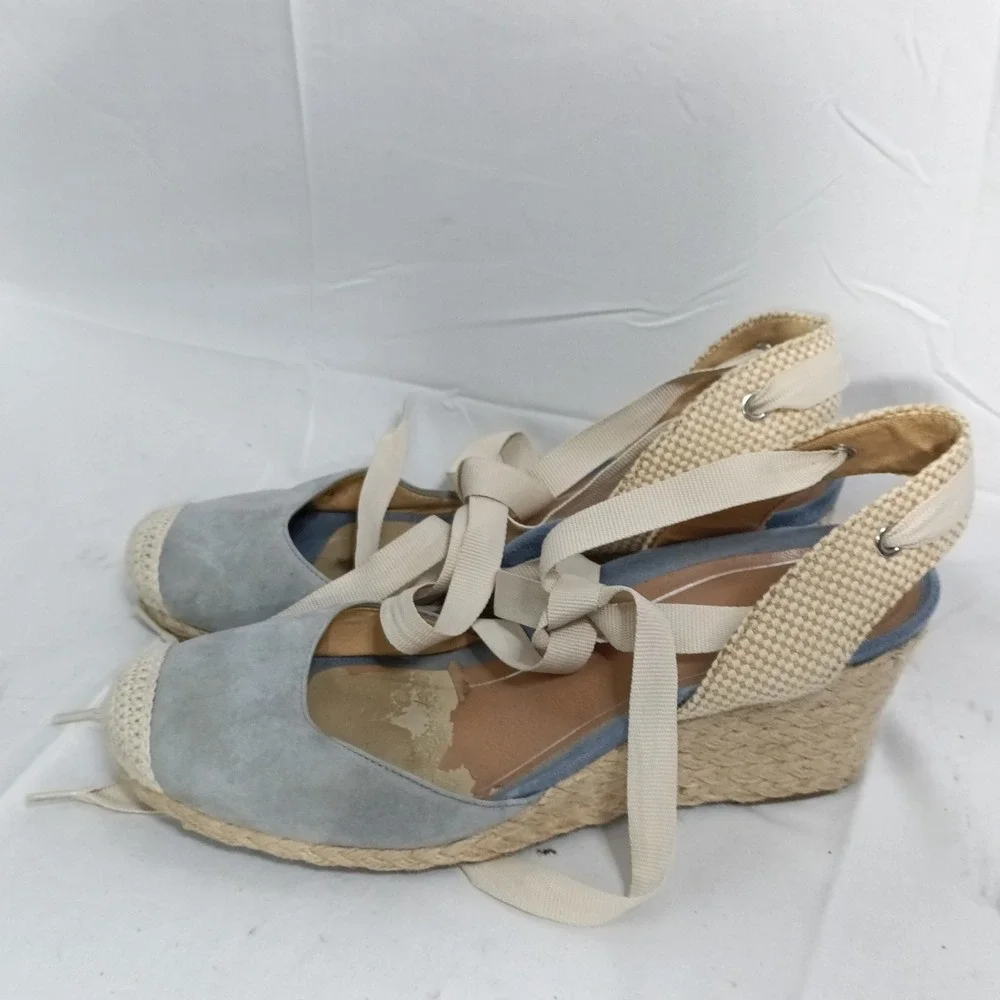 Vionic Womens 9.5 Blue Suede Lace Up Ankle Tie Espadrille Wedge Sandals s8